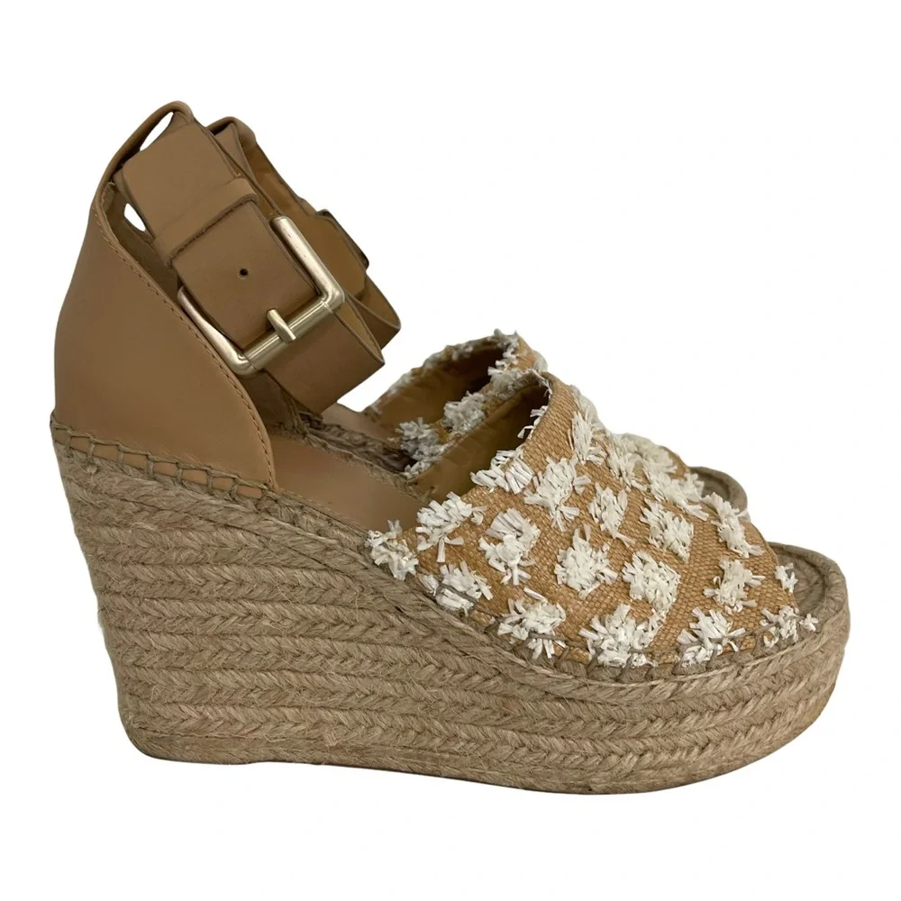 Marc Fisher Tan and White Espadrille Wedge Sandals